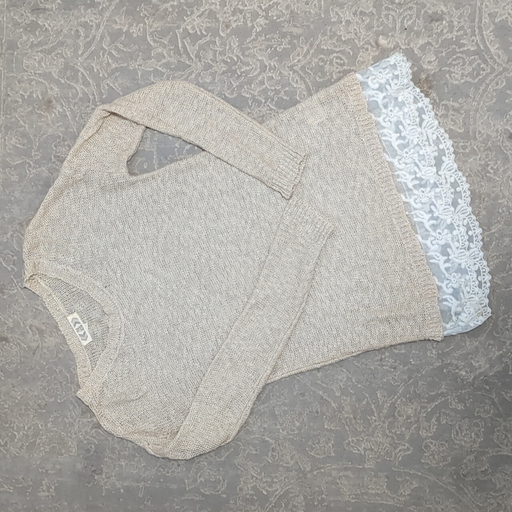 Pink Rose Beige Sweater with Lace Detail